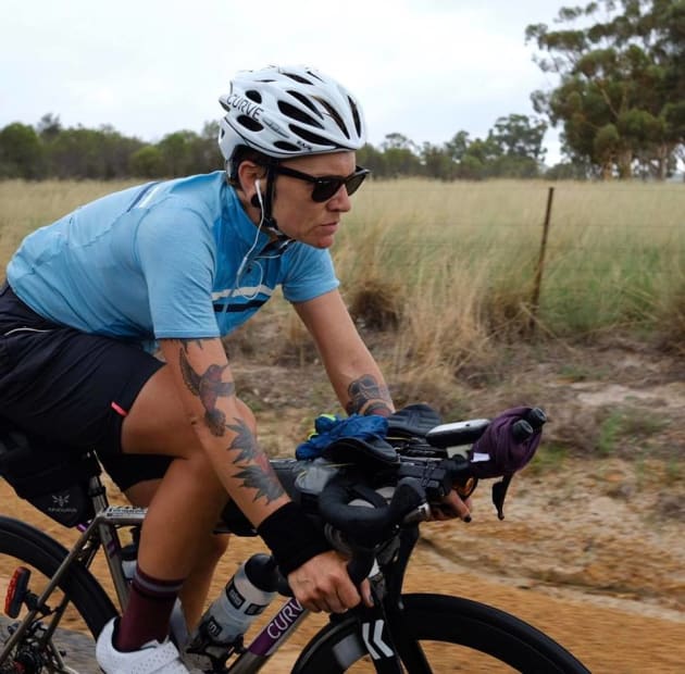 Leading female rider Sarah Hammond covered 536km in Day 1 of the Indian pacific Wheel Race. Image: Rapha Australia