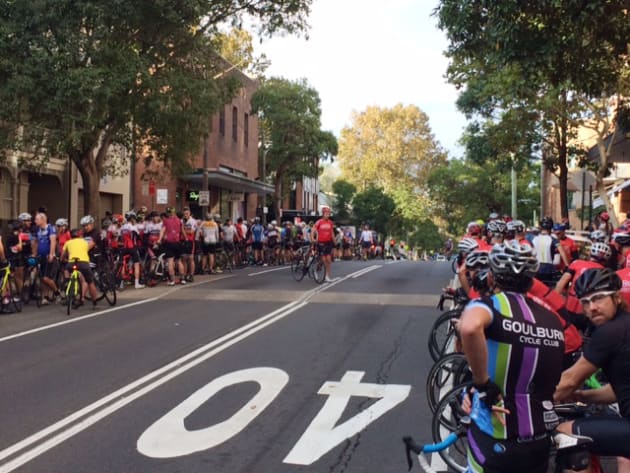 Cyclists met at the Rapha store in Sydney before riding to the Opera House where a tribute was held for Mike Hall. Image: James Yaffa.