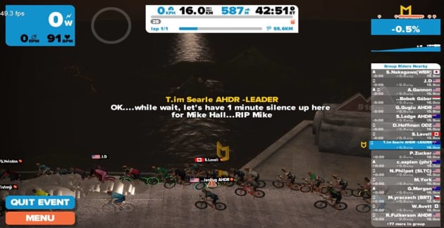 Zwifters held an online tribute ride for global cycling legend Mike Hall. Image: Zwift Oz.