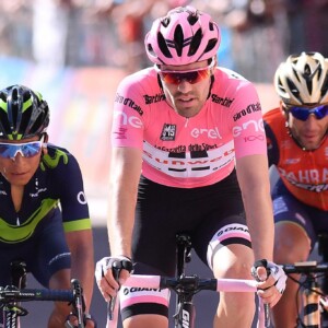 Tom Dumoulin celebrates his pink jersey win at Stage 10 of the Giro d'Italia. Image: Giro d'Italia Organisation.