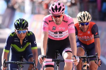 Tom Dumoulin celebrates his pink jersey win at Stage 10 of the Giro d'Italia. Image: Giro d'Italia Organisation.
