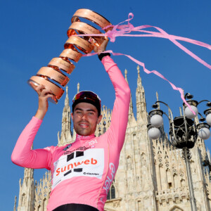 Quintana, Dumoulin & Nibali on the podium following the final stage of the 2017 Giro d'Italia. Image: Sirotti.