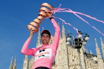 Quintana, Dumoulin & Nibali on the podium following the final stage of the 2017 Giro d'Italia. Image: Sirotti.