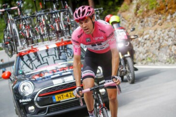 Tom Dumoulin celebrates his pink jersey win at Stage 10 of the Giro d'Italia. Image: Giro d'Italia Organisation.
