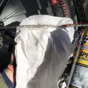 We've found Finish Line Dry Lube to be a reliable, hard-wearing and efficient chain lubricant - small 120ml bottles are available from most local bike stores.