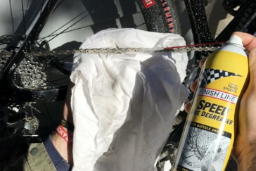 We've found Finish Line Dry Lube to be a reliable, hard-wearing and efficient chain lubricant - small 120ml bottles are available from most local bike stores.