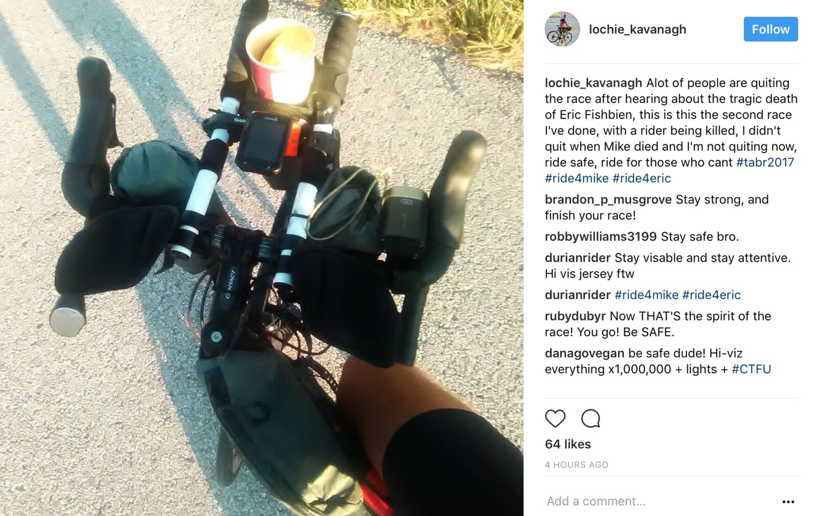 Aussie ultra-endurance rider Lochie Kavanagh posted this tribute to Eric Fishbein after hearing of the tragic news. Image: Instagram.