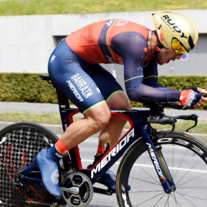 Bahrain Merida rider Sonny Colbrelli aboard one of the Merida Warp TT bikes. Image: Sirotti.