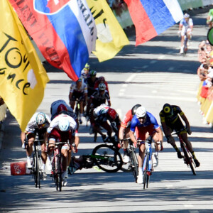 Peter Sagan winning Stage 3 of the 2017 Tour de France in emphatic style. We were at the stage start in Verviers and recorded the behind the scenes video you can see below. Image: Sirotti.