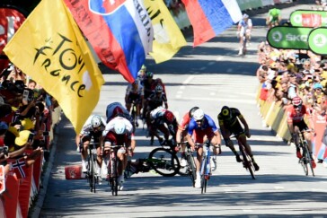 Peter Sagan winning Stage 3 of the 2017 Tour de France in emphatic style. We were at the stage start in Verviers and recorded the behind the scenes video you can see below. Image: Sirotti.