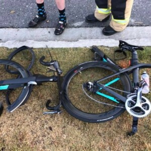 One of the bikes destroyed in the sickening crash on Dornoch Terrace, West End early on Friday. Image: ABC News / Julian Drake.