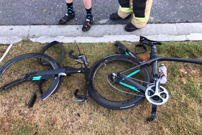 One of the bikes destroyed in the sickening crash on Dornoch Terrace, West End early on Friday. Image: ABC News / Julian Drake.