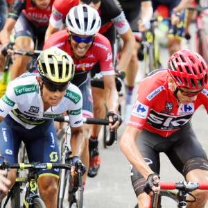 After a difficult two days due to illness Alberto Contador put in a solid effort and finished the stage with Chris Froome, Esteban Chaves and Michael Woods. Image: Sirotti.