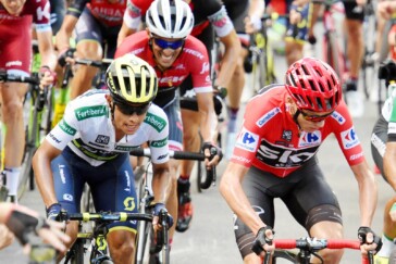 After a difficult two days due to illness Alberto Contador put in a solid effort and finished the stage with Chris Froome, Esteban Chaves and Michael Woods. Image: Sirotti.
