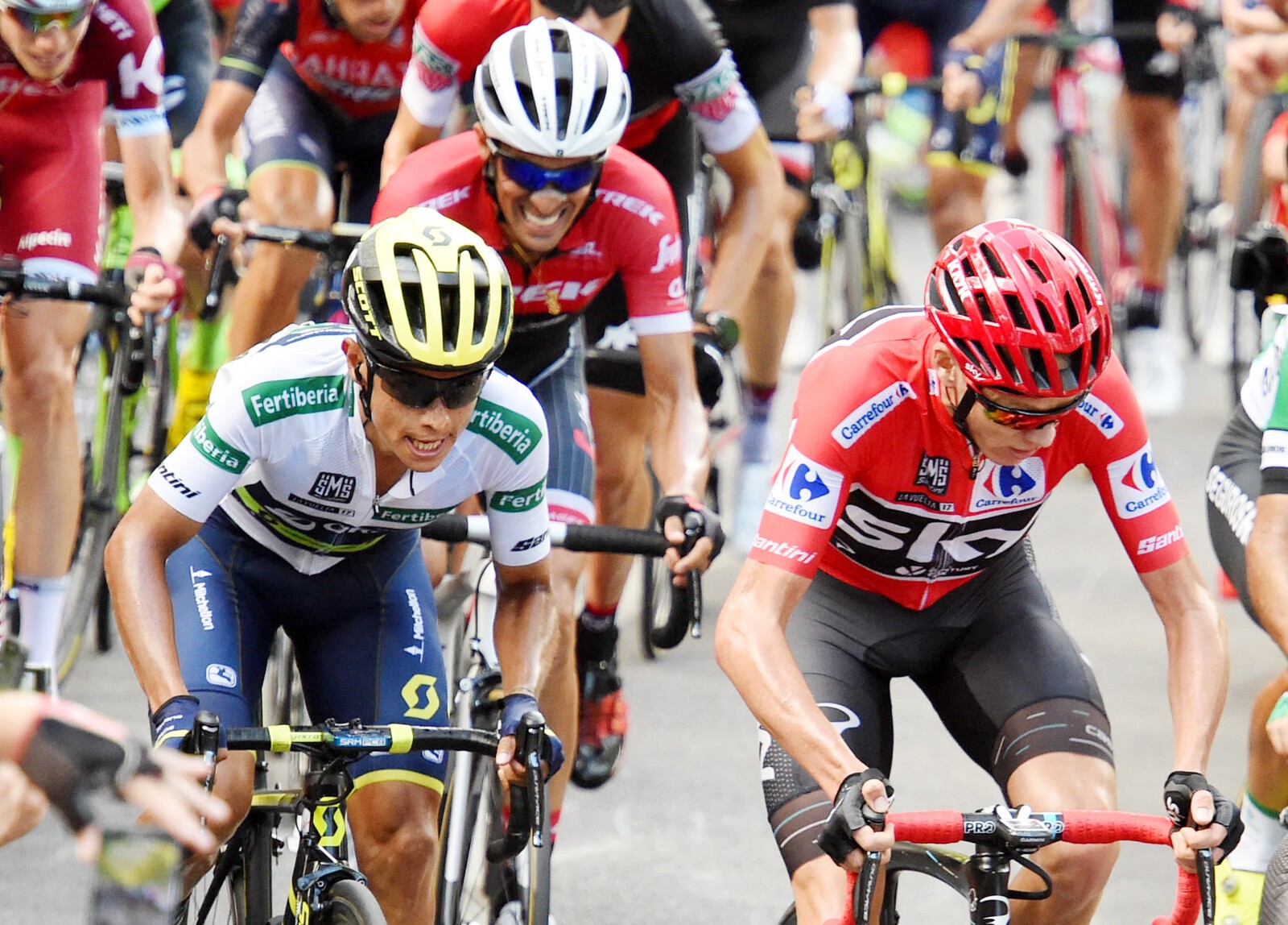After a difficult two days due to illness Alberto Contador put in a solid effort and finished the stage with Chris Froome, Esteban Chaves and Michael Woods. Image: Sirotti.