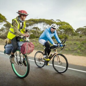 Mark Beaumont and Ed Pratt cycling in remote South Australia. Image: Instagram / @Johnnyswanepoel
