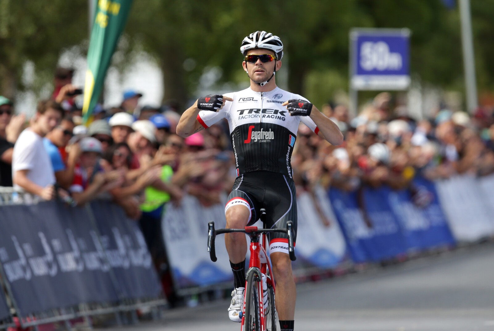 Bobridge crosses the line, making note of his new Trek-Segafredo team. Photo courtesy of Cycling Australia.
