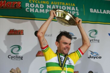 Bobridge crosses the line, making note of his new Trek-Segafredo team. Photo courtesy of Cycling Australia.