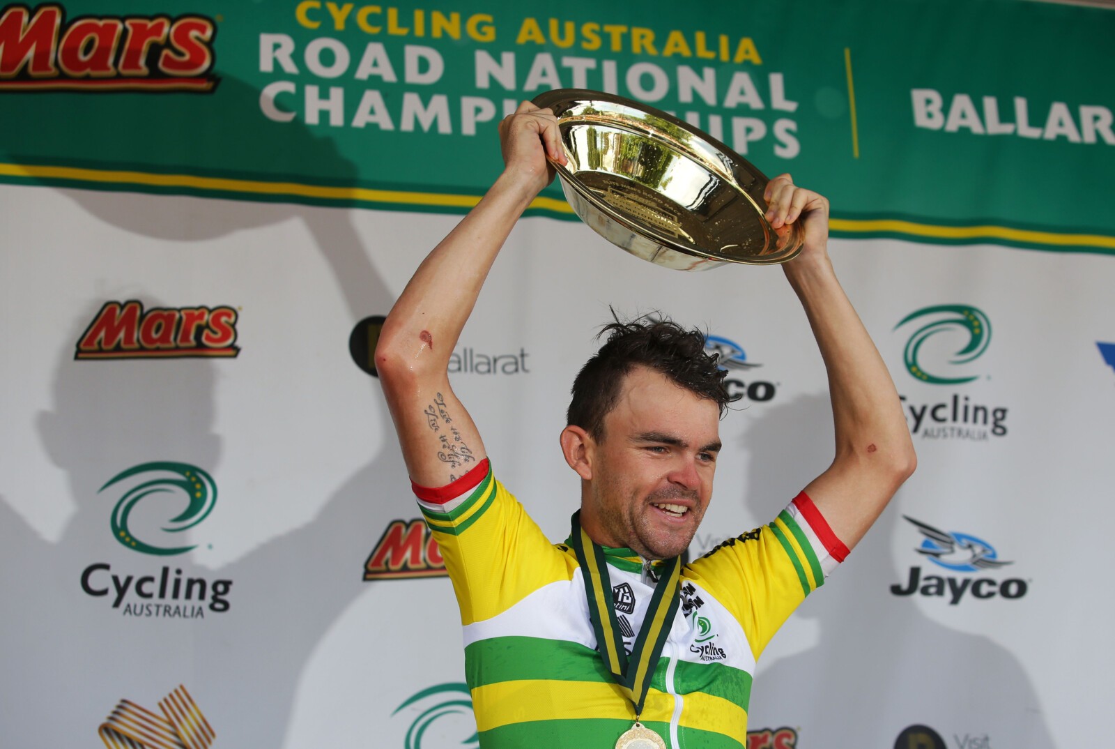 Bobridge crosses the line, making note of his new Trek-Segafredo team. Photo courtesy of Cycling Australia.
