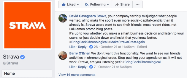 Strava's social channels have been inundated with posts from unhappy users requesting the return of the chronological activity feed. Image: Facebook.