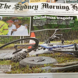 The front page Sydney Morning Herald report of 33yo cyclist Dr Ann Formaz-Preston's tragic death.
