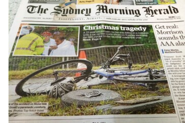 The front page Sydney Morning Herald report of 33yo cyclist Dr Ann Formaz-Preston's tragic death.