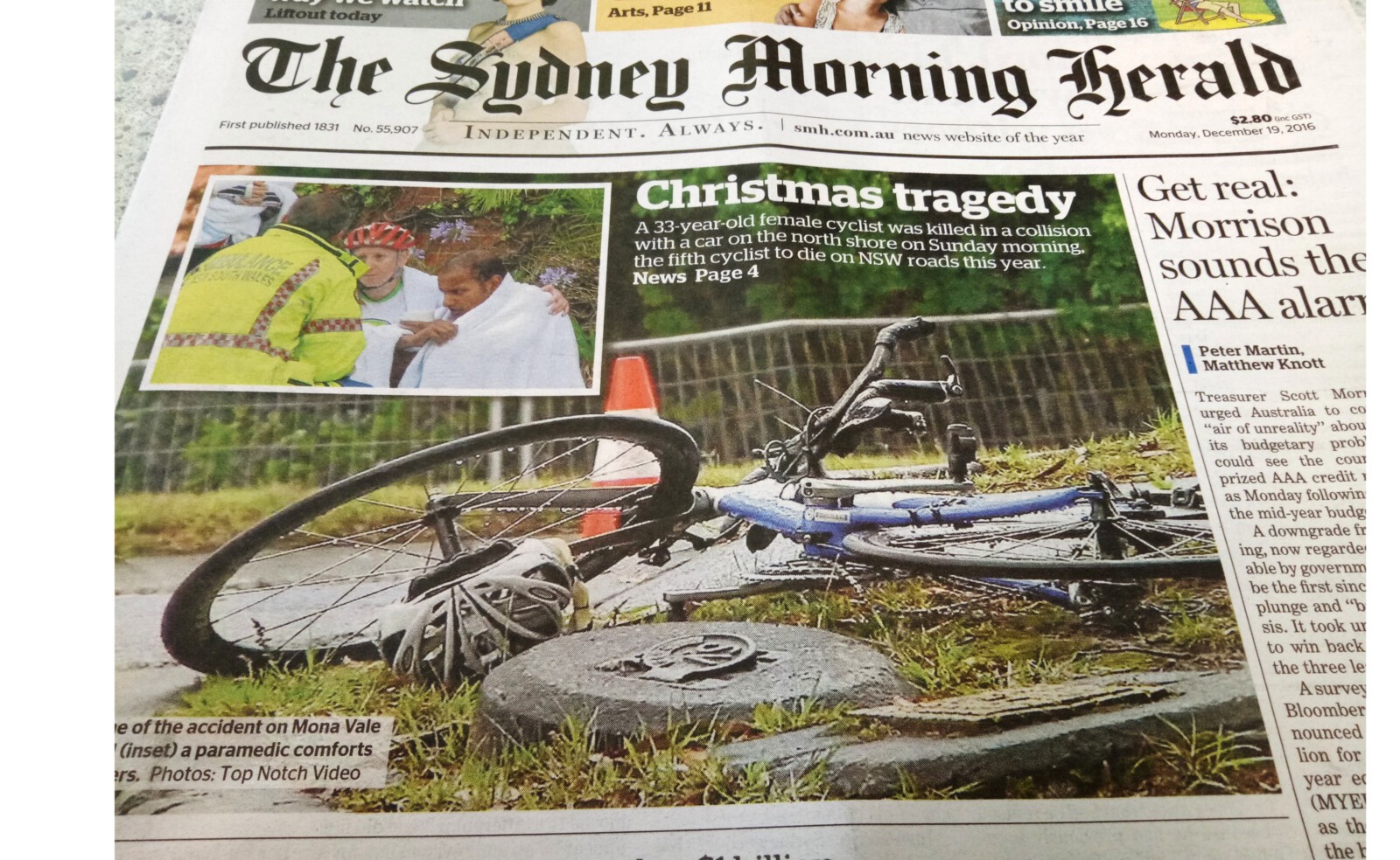 The front page Sydney Morning Herald report of 33yo cyclist Dr Ann Formaz-Preston's tragic death.