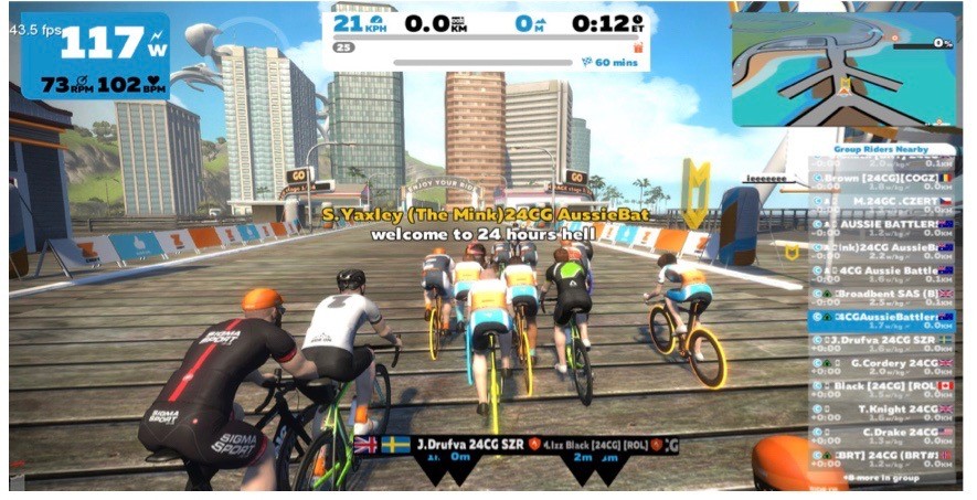 Sharron lining up for the start of the Chaingang 24hr endurance challenge on Zwift.