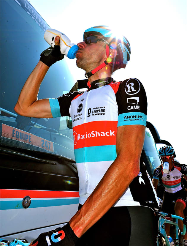 Cycling legend Jens Voigt rehydrating after a warm stage of the 2014 Tour de France. Image: Nat Bromhead.