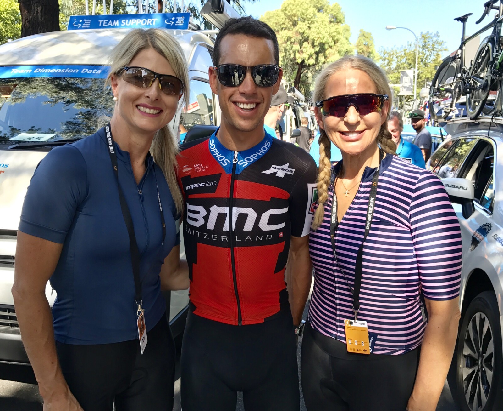 Richie Porte with supporters prior to the start of Stage 4 of the 2018 Santos Tour Down Under. Image: Nat Bromhead.