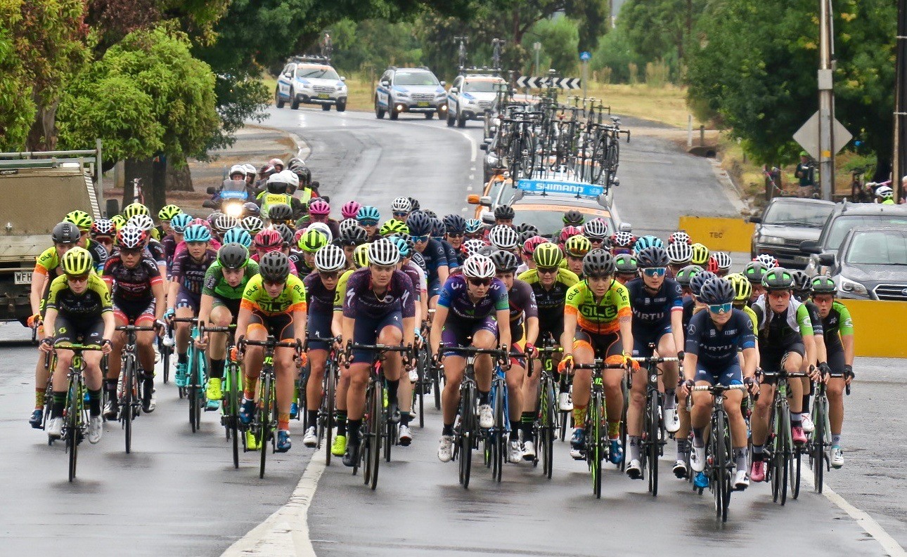 Tiffany Cromwell, one of stage winner Katrin Garfoot's Uni-SA teammates after the rain-soaked stage. Image Nat Bromhead.