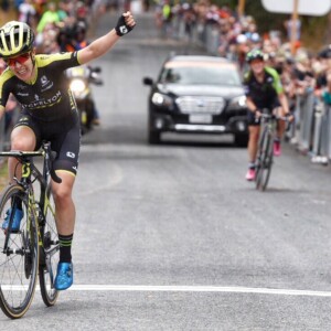 Tiffany Cromwell, one of stage winner Katrin Garfoot's Uni-SA teammates after the rain-soaked stage. Image Nat Bromhead.