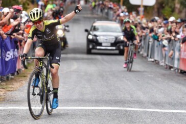 Tiffany Cromwell, one of stage winner Katrin Garfoot's Uni-SA teammates after the rain-soaked stage. Image Nat Bromhead.