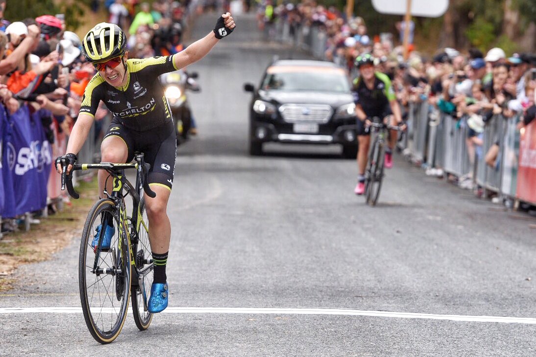 Tiffany Cromwell, one of stage winner Katrin Garfoot's Uni-SA teammates after the rain-soaked stage. Image Nat Bromhead.