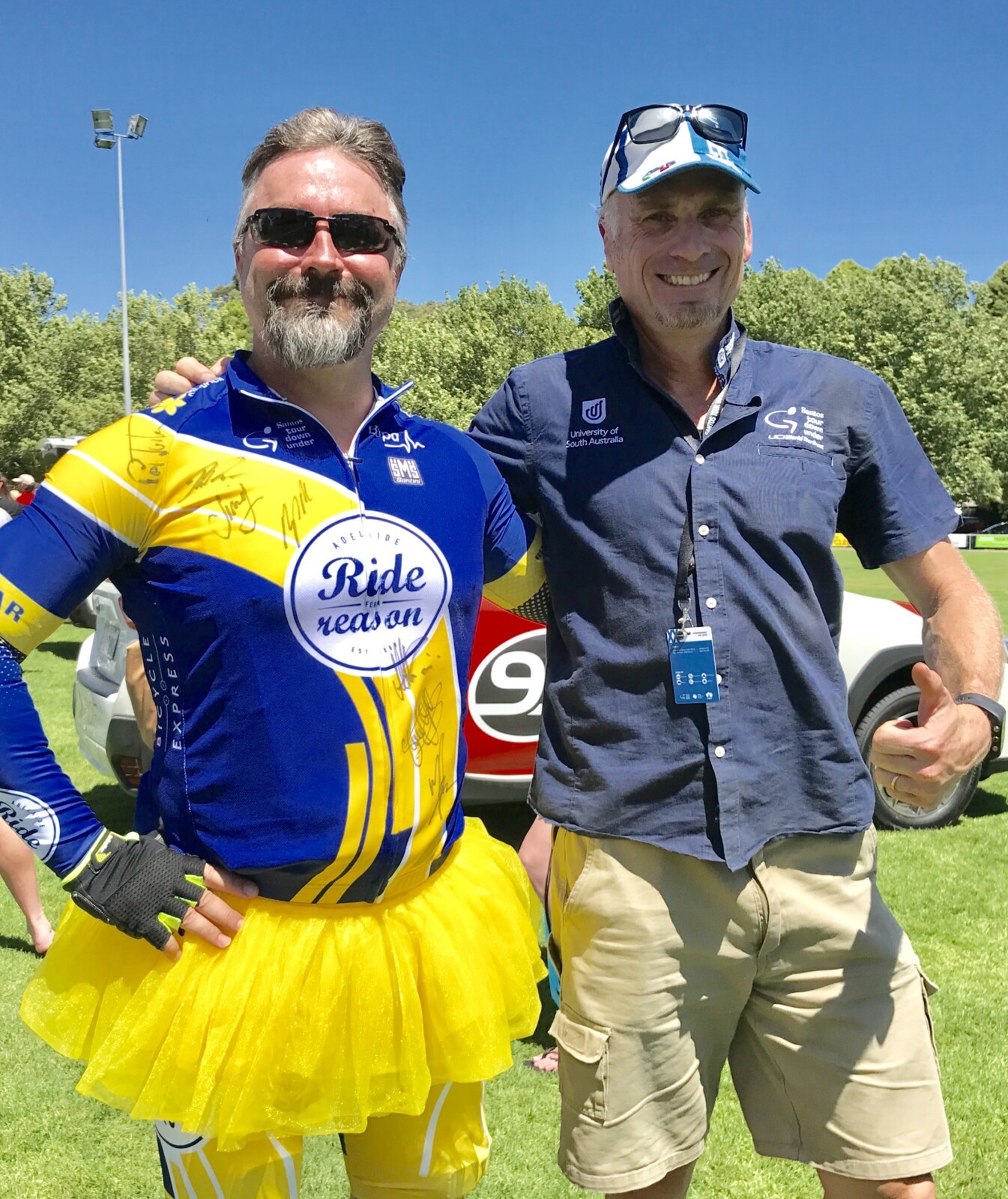 Not only do Ride for a reason participants raise critically-needed funds for charity, they also have a lot of fun doing it. Here's one of the riders with charity ambassador Patrick Jonker.