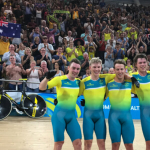 The Australian men's team victorious after smashing 3minutes 50 to set a new world record. Image: Cycling Australia