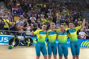 The Australian men's team victorious after smashing 3minutes 50 to set a new world record. Image: Cycling Australia