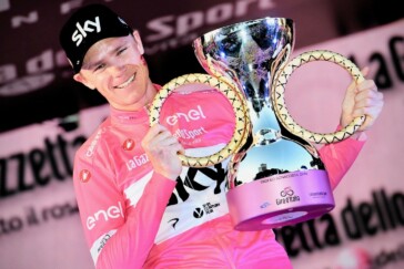 He's conquered yellow and red and now appears to be on track to win in pink - Chris Froome celebrates after his phenomenal Stage 19 Giro d'Italia win. Image: Sirotti.