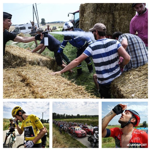 Riders had to rinse pepper spray from their eyes. Image Bob McPartland / Eurosport.