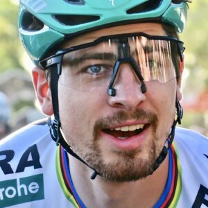 Three-time world champion Peter Sagan after winning Stage 4 of the 2018 TDU in scorching heat. Image Nat Bromhead.
