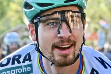 Three-time world champion Peter Sagan after winning Stage 4 of the 2018 TDU in scorching heat. Image Nat Bromhead.