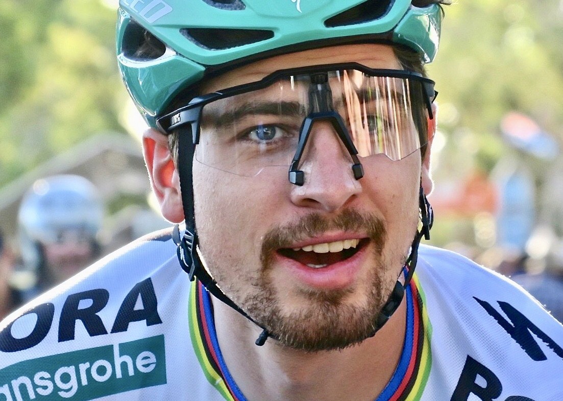 Three-time world champion Peter Sagan after winning Stage 4 of the 2018 TDU in scorching heat. Image Nat Bromhead.