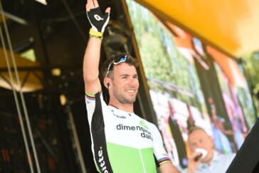 Cavendish winning stage 7 of the Tour de France this year. Also featured in this image is Peter Sagan and Andre Greipel. Photo by Sirotti.