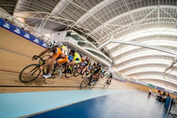 Riders on the boards of Adelaide's SuperDrome indoor track cycling facility. Image: Cycling Australia
