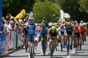 The young Aussie leading a Team BMC rider during a day race in Holland.