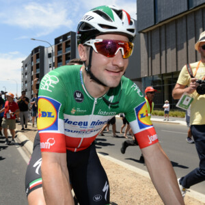 The young Aussie leading a Team BMC rider during a day race in Holland.