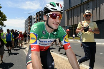 The young Aussie leading a Team BMC rider during a day race in Holland.