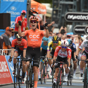 The young Aussie leading a Team BMC rider during a day race in Holland.