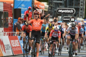 The young Aussie leading a Team BMC rider during a day race in Holland.