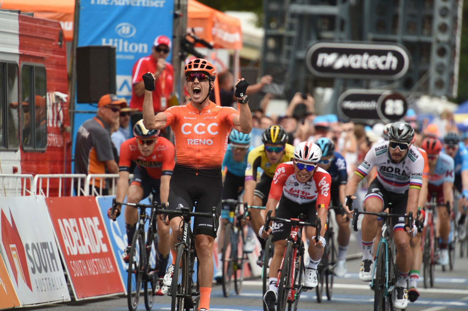 The young Aussie leading a Team BMC rider during a day race in Holland.